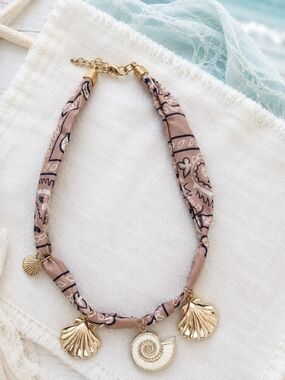 Beachy Shell Charm Scarf Necklace Coastal Boho Jewelry